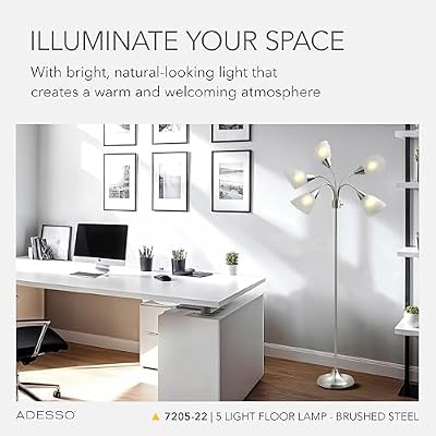 Adesso Floor Lamp with 5 Movable Shades & Adjustable Brightness, Brushed Steel Finish, Silver Perfect Lighting for Bedroom Decor, Beauty & Art Studio - image 3 of 4