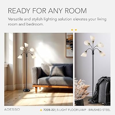 Adesso Floor Lamp with 5 Movable Shades & Adjustable Brightness, Brushed Steel Finish, Silver Perfect Lighting for Bedroom Decor, Beauty & Art Studio - image 4 of 4
