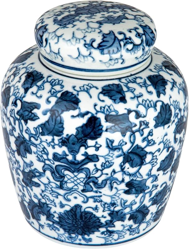 Creative Co-Op Small Decorative Ceramic Ginger Jar with Lid, Blue and White Floral Pattern - Vases & Objects, product photo on a white background