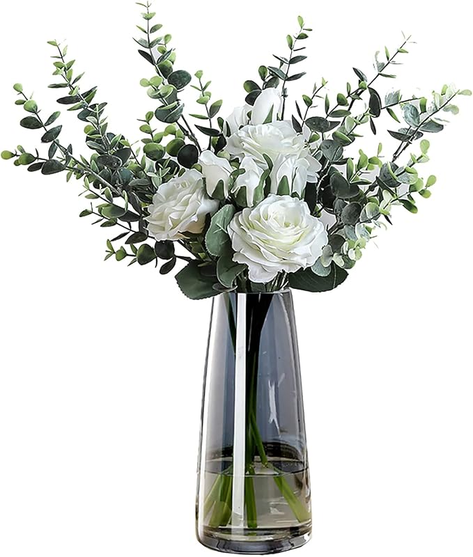 FANTESTICRYAN Modern Glass Vase, 8.7''H Decor Flower Vases, Crystal Grey - Vases & Objects, product photo on a white background