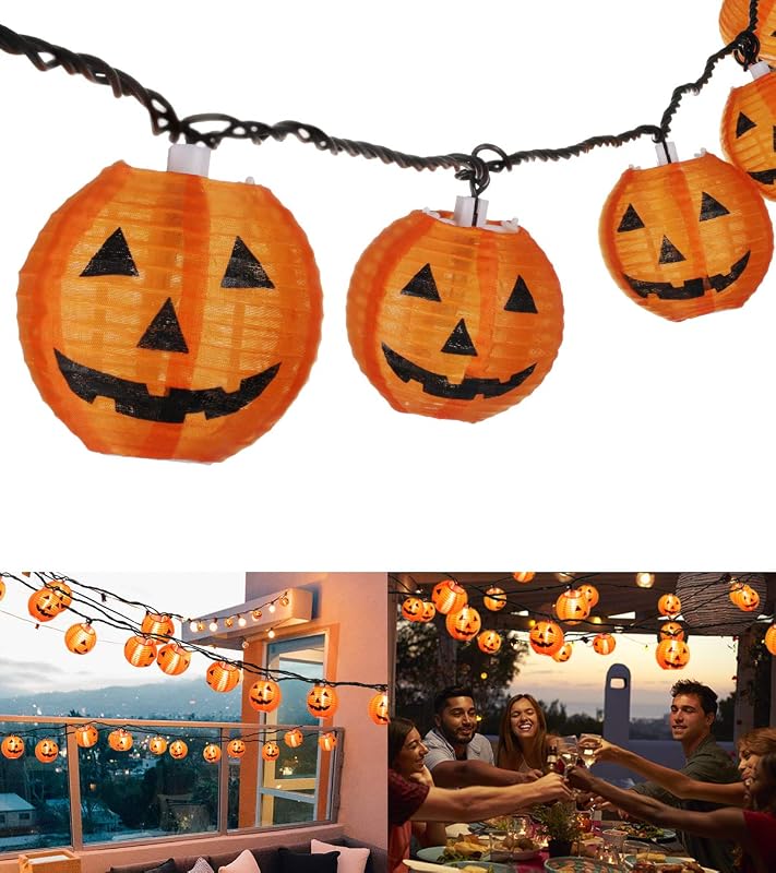 TIGOMOOV Halloween Pumpkin String Lights, Jack O Lantern Lights Plug in, 10 Orange Pumpkin Lanterns 9.83FT Connectable, Indoor Outdoor Fall Halloween Decorations for Porch Mantel Yard - image 1 of 4