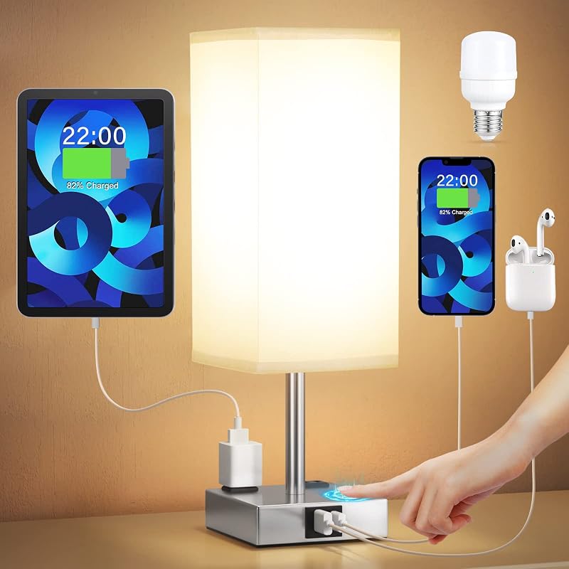 Touch Bedside Table Lamp for Bedroom - Dimmable, USB C+A, 2 AC Outlets - image 1 of 4