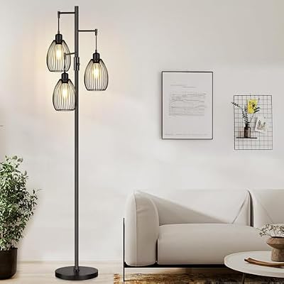 Dimmable Floor Lamp, 3 x 800LM LED Edison Bulbs Included, Farmhouse Industrial Floor Lamp Standing Tree Lamp with Elegant Teardrop Cage Tall Lamps for Living Room Bedroom Office Dining Room-Black - image 2 of 4