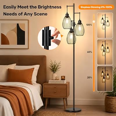 Dimmable Floor Lamp, 3 x 800LM LED Edison Bulbs Included, Farmhouse Industrial Floor Lamp Standing Tree Lamp with Elegant Teardrop Cage Tall Lamps for Living Room Bedroom Office Dining Room-Black - image 4 of 4