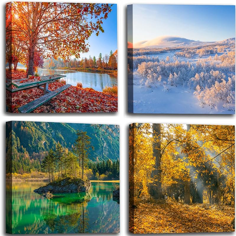 OKEXCKK Four Seasons Landscape Canvas Wall Art Decor - Spring Summer Autumn Winter Colorful Tree Painting Modern Nature Forest Prints Artwork Picture for Bathroom Office Decoration - Wall Art, product photo on a white background