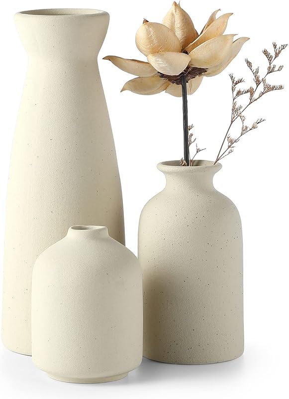 CEMABT Beige Ceramic vase Set-3 Small Flower vases for Decor,Modern Boho Farmhouse Home Decor,Decorative vase for Pampas Grass&Dried Flowers,idea Shelf,Table,Bookshelf ,Entryway- Distressed - image 1 of 4