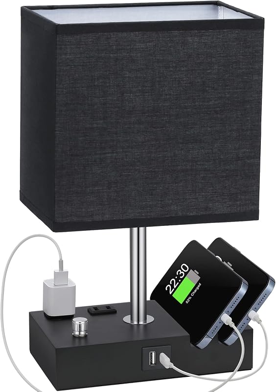 Black Table Lamp for Bedroom - Stepless Dimmable, USB C+A, 2 AC Outlets - image 1 of 4
