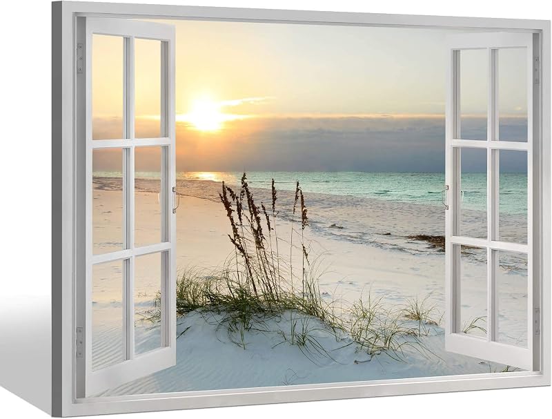 Sea Whisper Beach Painting Wall Art Canvas : 24x36 Inch Coastal Window Artwork Sunrise Picture Seascape Painting Ocean Print for Bedroom Decor - Wall Art, product photo on a white background