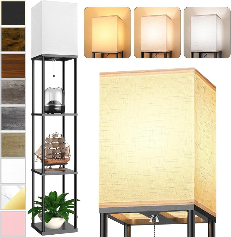 Floor Lamp with Shelves for Living Room, Shelf Floor Lamp with 3 CCT LED Bulb, Corner Display Standing Column Lamp Etagere Organizer Tower Nightstand with White Linen Shade for Bedroom, Office - Floor Lamps, product photo on a white background