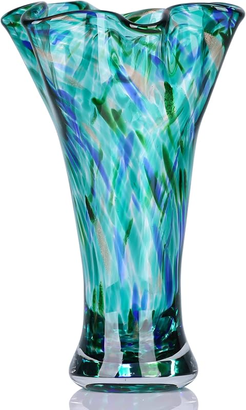LCCCK 9.0" H Teal Glass Vases for Flower, Unique Hand Blown Glass Vase - Vases & Objects, product photo on a white background