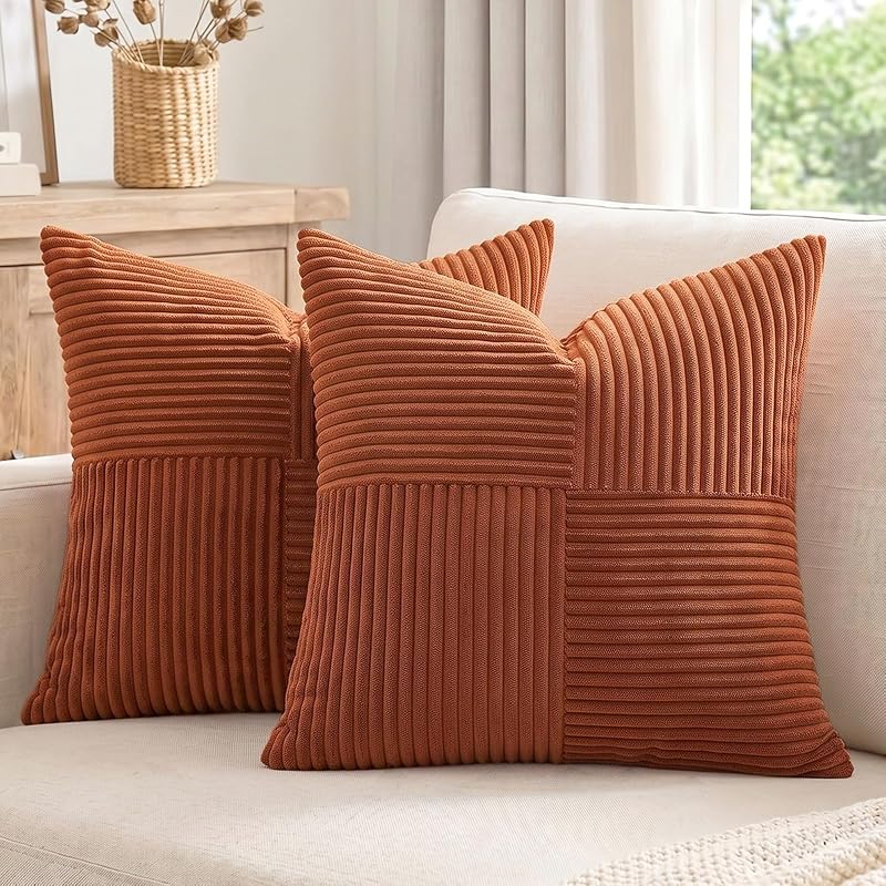 Fancy Homi 2 Packs Rust Boho Decorative Throw Pillow Covers 18x18 Inch for Couch Bed Sofa, Farmhouse Fall Home Decor, Soft Corss Corduroy Patchwork Textured Terracotta Accent Cushion Case 45x45 cm - image 1 of 4
