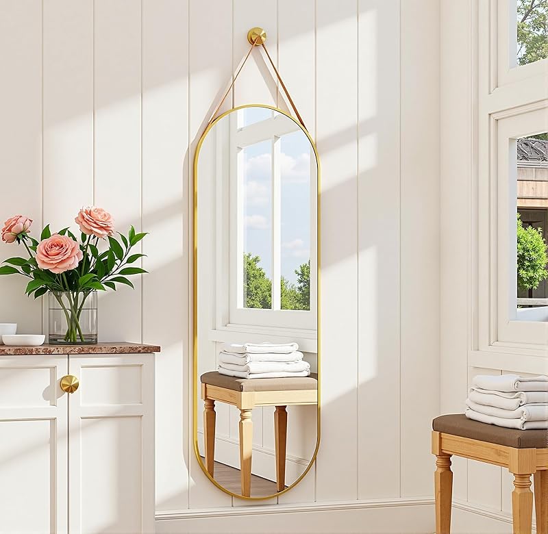 Dewfig 48"x16" Full Length Mirror, Oval Wall Mirror, Leather Strap, Gold - Mirrors, product photo on a white background