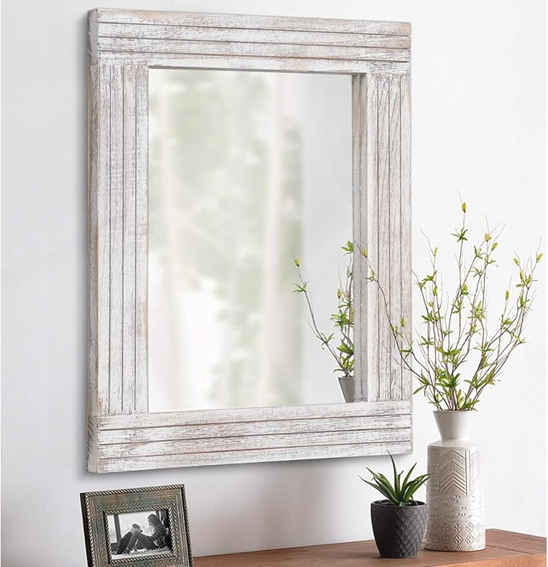 Mirrors for Wall Rustic Wooden Frame Rectangle Mirror Vintage Hanging Mirror for Bedroom Bathroom Living Room Farmhouse Wall Decor White Small 16" x 12 " - image 1 of 4
