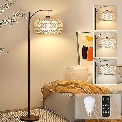 Arc Floor Lamps for Living Room Rattan Boho Floor Lamp with Remote Control,Dimmable LED Floor Lamp Wicker Lamp Shades Black Standing Lamp with 3 Color Temperature Tall Floor Lamps For Bedroom Corner - image 2 of 4