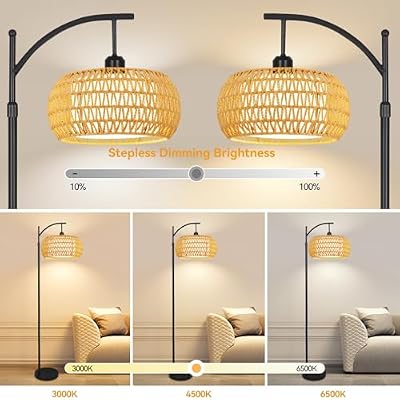 Arc Floor Lamps for Living Room Rattan Boho Floor Lamp with Remote Control,Dimmable LED Floor Lamp Wicker Lamp Shades Black Standing Lamp with 3 Color Temperature Tall Floor Lamps For Bedroom Corner - image 3 of 4