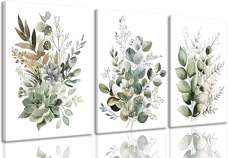 Bwodke Sage Green Botanical Canvas Wall Art Set of 3, 12x16 inch - Wall Art, product photo on a white background