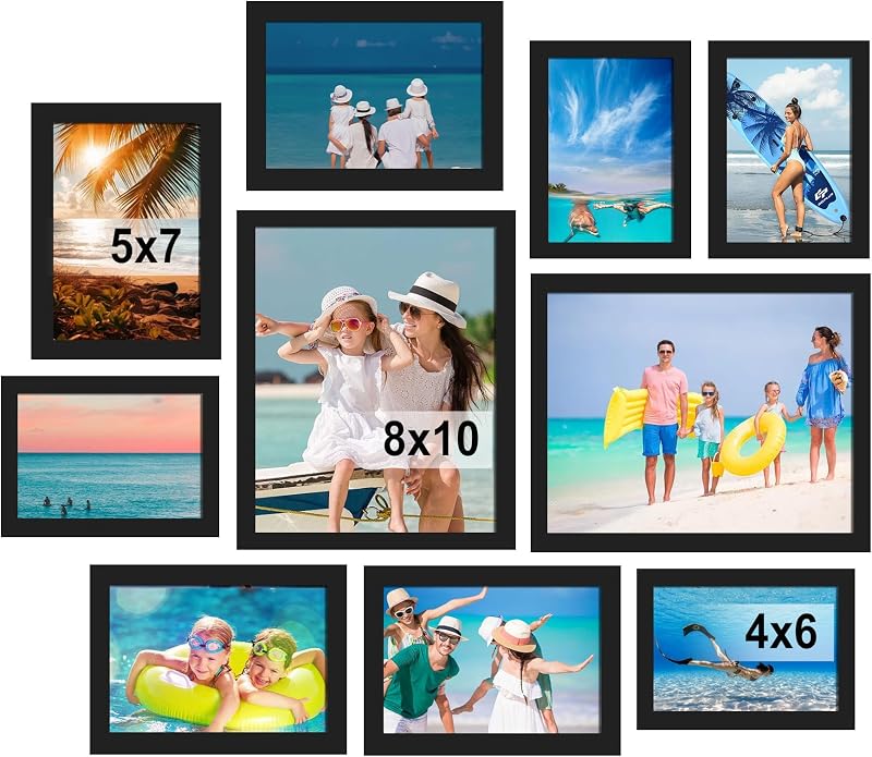 BESCRCL 10 Pack Picture Frames Collage Wall Decor, Gallery Wall Frame Set for Tabletop or Wall Mounting Display, Multi Size with Two 8x10, Four 5x7, and Four 4x6 Photo Frames, Black - image 1 of 4