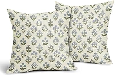Blue Green Block Print Pillow Covers 18x18 Inch Set of 2, Vintage Floral Spring Decorative Throw Pillow Cases Boho Cushion Covers Rustic Decoration Gift Farmhouse Sofa Couch Bed Decor - image 3 of 4