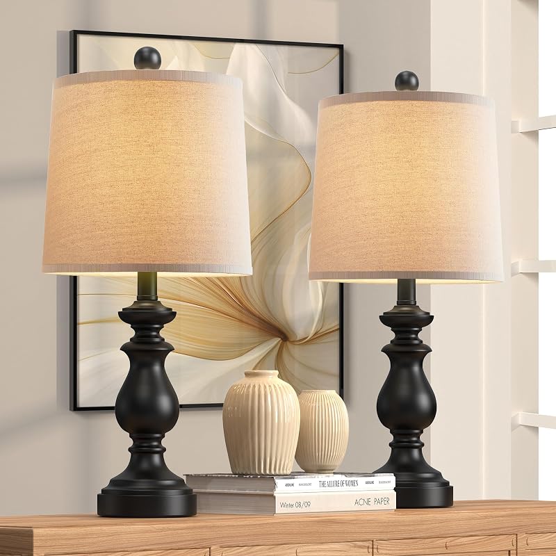 PARTPHONER Traditional Table Lamp Set of 2, Rustic Farmhouse Table Lamps for Living Room Bedroom, 22" Bedside Desk Lamps Vintage Nightstand Lamps with Linen Shades, Black - image 1 of 4