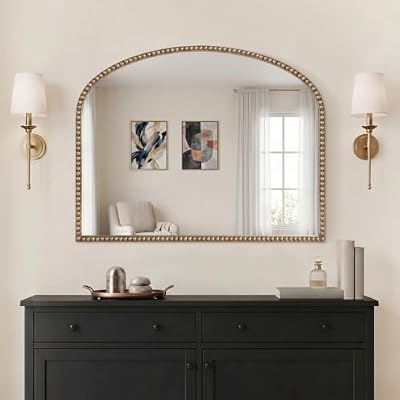 Antique Gold Arched Wall Mirror, 36" x 28" Beaded Mirror - image 3 of 4
