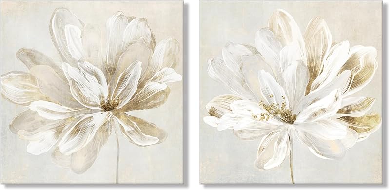 SEVEN WALL ARTS 2 Pcs Beige and Gold Flower Wall Art Blooming Flower Abstract Floral Artwork Canvas Print Poster for Living Room Bedroom Office Wall Decor 24"x24" - Wall Art, product photo on a white background