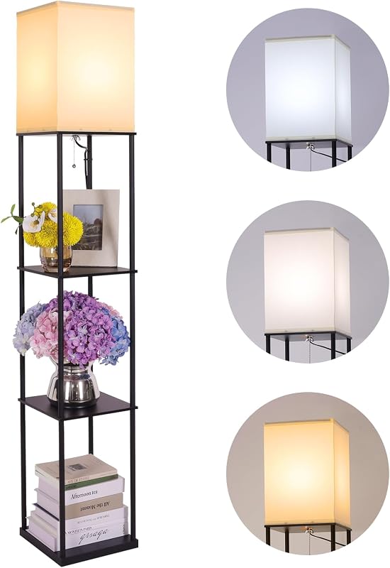 Gupuzm Floor Lamp with Shelves, Modern Square Standing Lamp with 3 Color Temperature Bulb, Corner Display Bookshelf Lamp for Living Room, Bedroom and Office (Black) - image 1 of 4