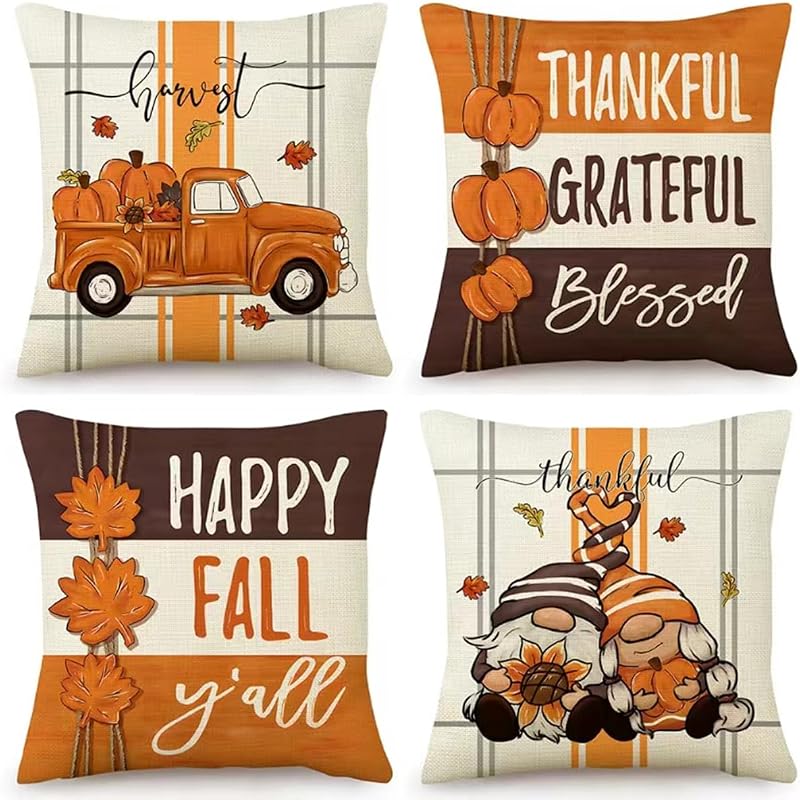 PSDWETS Throw Pillow Covers 18x18 Set of 4 for Fall Decor,Fall Decorations Maple Leaves Pumpkin Farmhouse Autumn Thanksgiving Cushion Cover for Home Sofa Couch - image 1 of 4