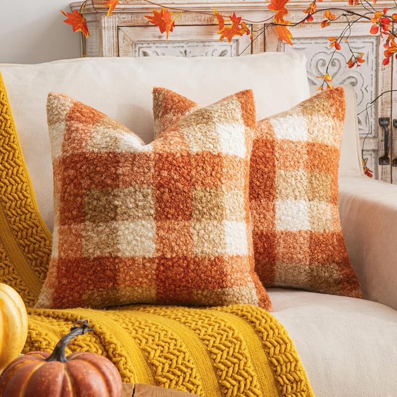 AQOTHES Plaid Fall Throw Pillow Covers Orange 18x18 Inch Set of 2 - Vases & Objects, product photo on a white background