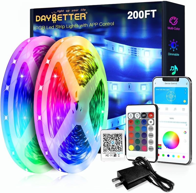 DAYBETTER LED Strip Lights 200ft 2 * 100ft RGB Music Sync Smart App Control - String & Accent Lighting, product photo on a white background