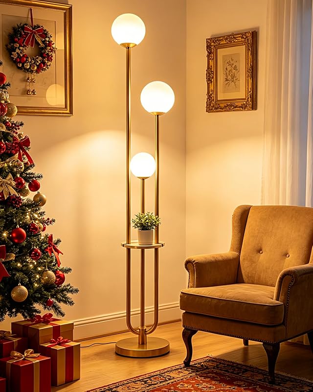 Lightdot 63IN Dimmable Gold Floor Lamp with Shelf Mid Century Standing Lamps with 3000K Bulbs Included Modern Globe Floor Lamp with 5Lbs Heavy Base for Living Room/Party/Sofa Beside/Corner Decor - image 1 of 4