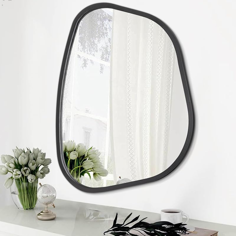 Asymmetrical Mirror for Wall Irregular Oval Wood Frame Modern Unique Accent Wall Mirror Decorative Vanity Bathroom Living Room Bedroom Entryway Hallway Artistic Wavy Mirror Small 14"x10" - image 1 of 4