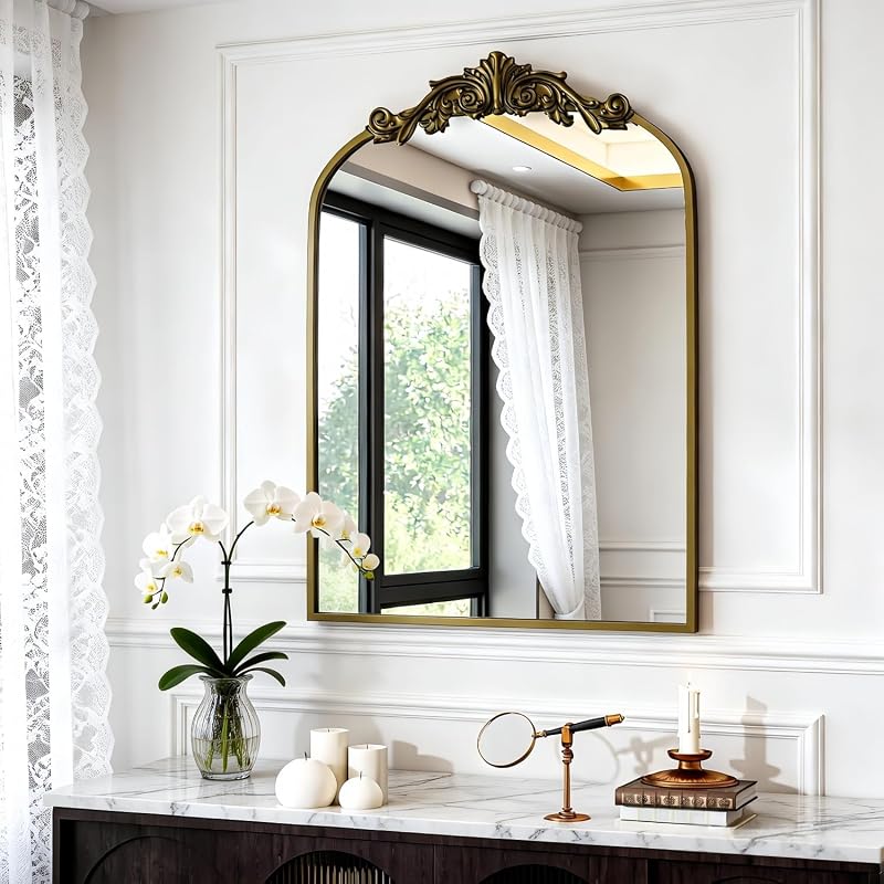 Dewfig Vintage Arched Wall Mirror, 30"x22" Bronze Antique Bathroom Mirror - image 1 of 4