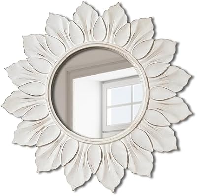 Sunflower Sunburst Wall Mirror, 22" Distressed White Wooden Frame - image 3 of 4