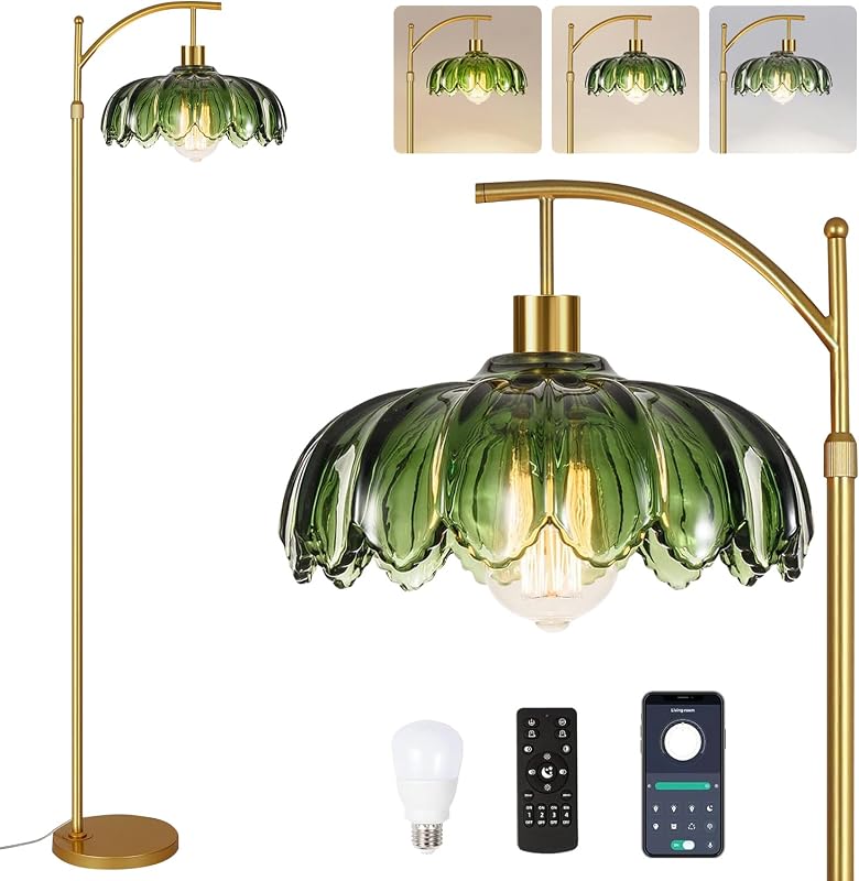 QIYIZM Glass Floor Lamp for Living Room,Bedroom,Gold Dimmable Standing Lamp with Remote,Mid Century Modern Brass Tall Lamp Boho Vintage Retro Floor Lamps Arc Green Flower Floor Light Lamp Bohemian - Floor Lamps, product photo on a white background