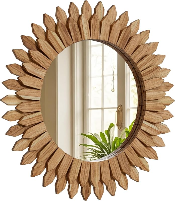 24" Round Sunburst Wooden Mirror Boho Rustic Wall Decor - image 1 of 4