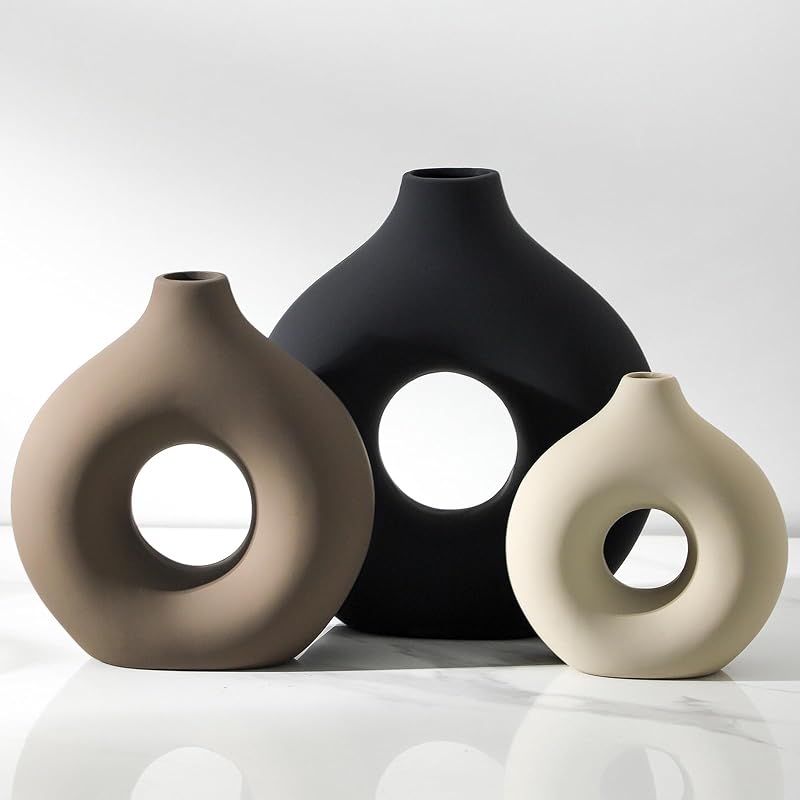 Vanselia Ceramic Vase Home Table Decor - Flower Vases Set of 3 Small Living Room Centerpiece Decorations for Shelf Bedroom Office Kitchen Dining Desk Modern Aesthetic Farmhouse Decorative (Classic) - Vases & Objects, product photo on a white background