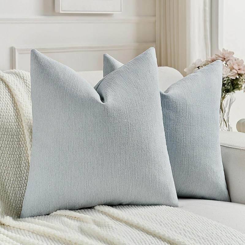 FUTEI Pack of 2 Faux Linen Throw Pillow Covers 18x18 Inch,Dusty Blue - Vases & Objects, product photo on a white background