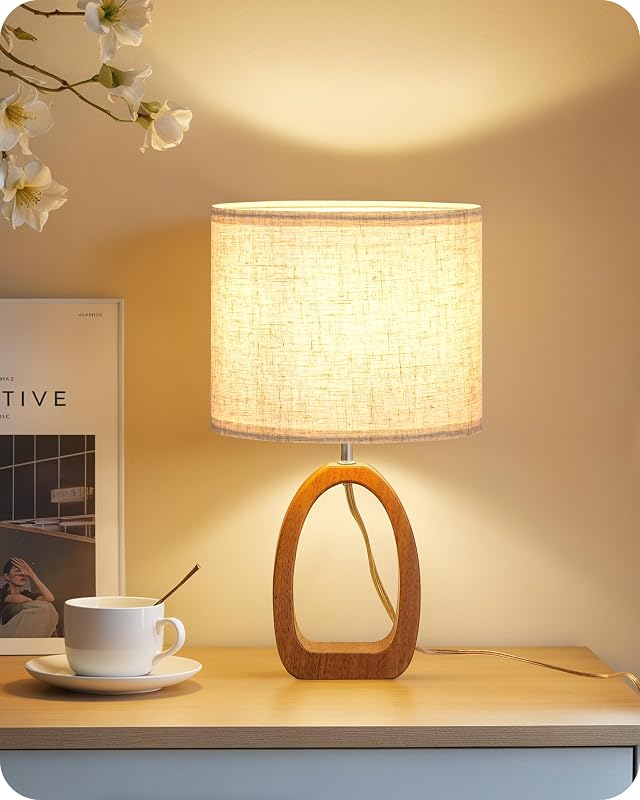 Small Table Lamp, 14.2" Cute Little Desk Lamp, Wood Bedside Lamp with Linen Lampshade, Modern Nightstand Lamp for Bedroom, E26 Base, Bulb Not Included, Beige and Dark Natural LE07TL05 - image 1 of 4