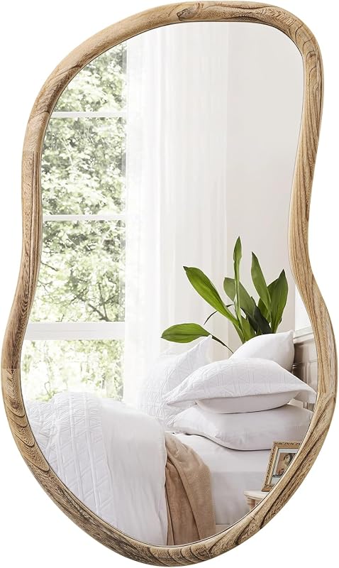 Irregular Wall Mirror Wood Asymmetrical Mirror Large Bathroom Vanity Mirrors Natural Wood Framed Abstract Mirrors for Wall Living Room Bedroom Decorative - Mirrors, product photo on a white background