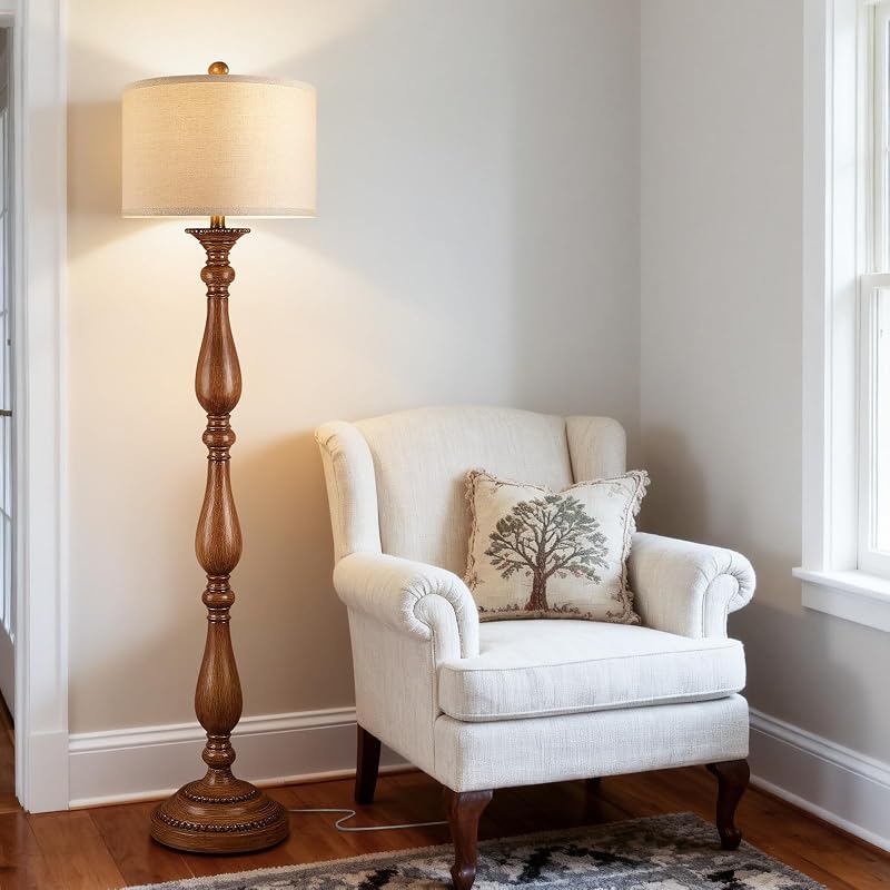 PARTPHONER Vintage Floor Lamp for Living Room, Rustic Farmhouse Standing Lamp with Rotary Switch and Linen Shade, Retro Resin Floor Lamp for Bedroom, Corner, Dining Room, House Decor, Wood Grain - image 1 of 4