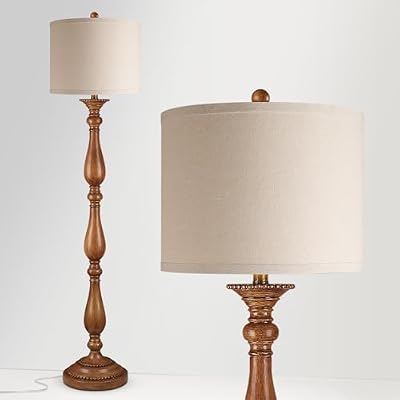 PARTPHONER Vintage Floor Lamp for Living Room, Rustic Farmhouse Standing Lamp with Rotary Switch and Linen Shade, Retro Resin Floor Lamp for Bedroom, Corner, Dining Room, House Decor, Wood Grain - image 4 of 4