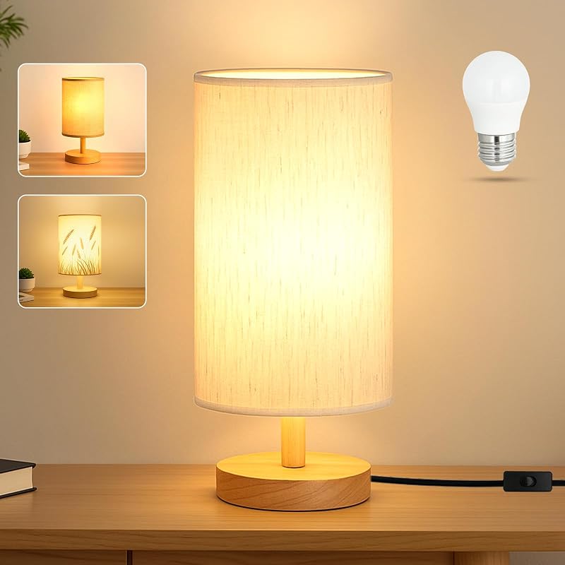 Desk Lamp LED Bulb Included, Small Bedside Table Lamp Plug-in - Classic Wood Base with Flaxen Fabric Shade, Lamps for Night Stands, Simple Nightstand Light for Bedroom, Office, Desk - Table Lamps, product photo on a white background