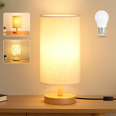 Desk Lamp LED Bulb Included, Small Bedside Table Lamp Plug-in - Classic Wood Base with Flaxen Fabric Shade, Lamps for Night Stands, Simple Nightstand Light for Bedroom, Office, Desk - image 2 of 4