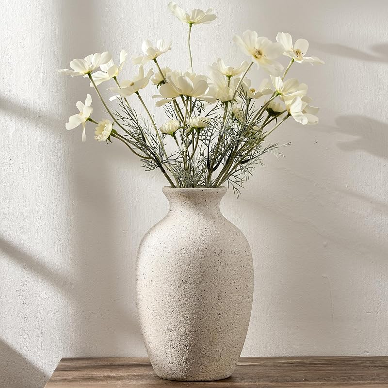 Large Ceramic Rustic Flower Vase, 10.43 Inch Tall Vintage Pottery Home Decor, Antique Farmhouse Terracotta Vase for Living Room, Table, Shelf, Mantel Decoration, Farmhouse - Cream-White - Vases & Objects, product photo on a white background