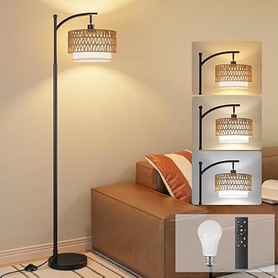 Ambimall Arc Floor Lamp with Remote & Rattan Double Shades, Black Rustic - image 2 of 4