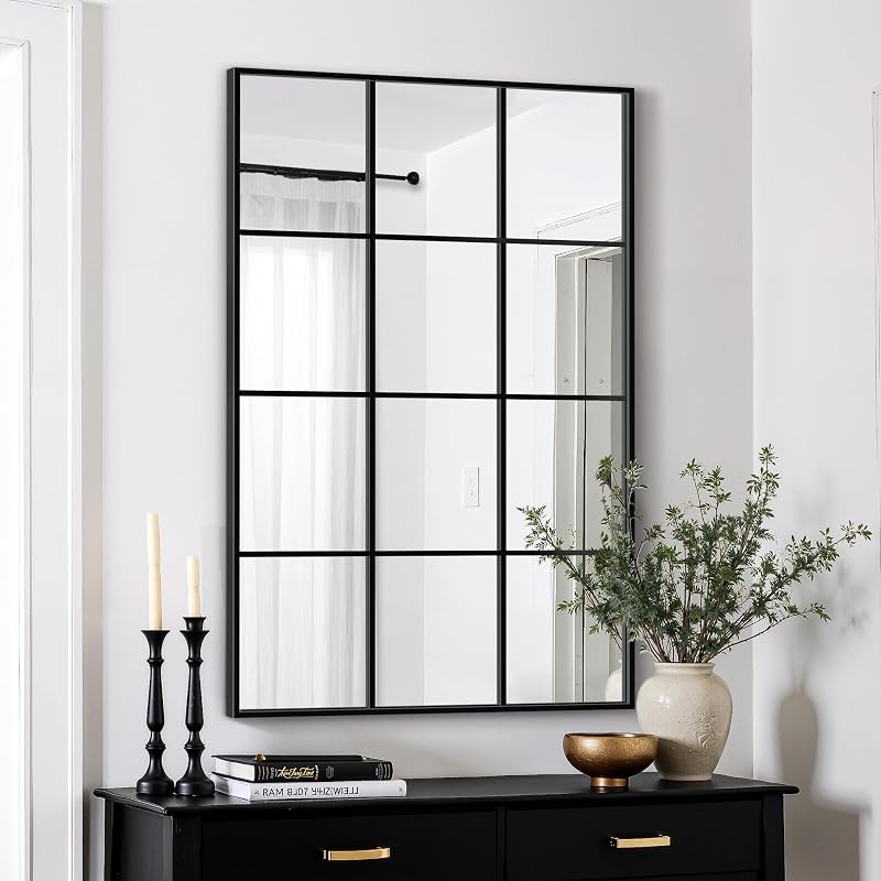 Window Pane Mirror for Wall Decor, 24" x 36" Decorative Mirror, Black - image 1 of 4