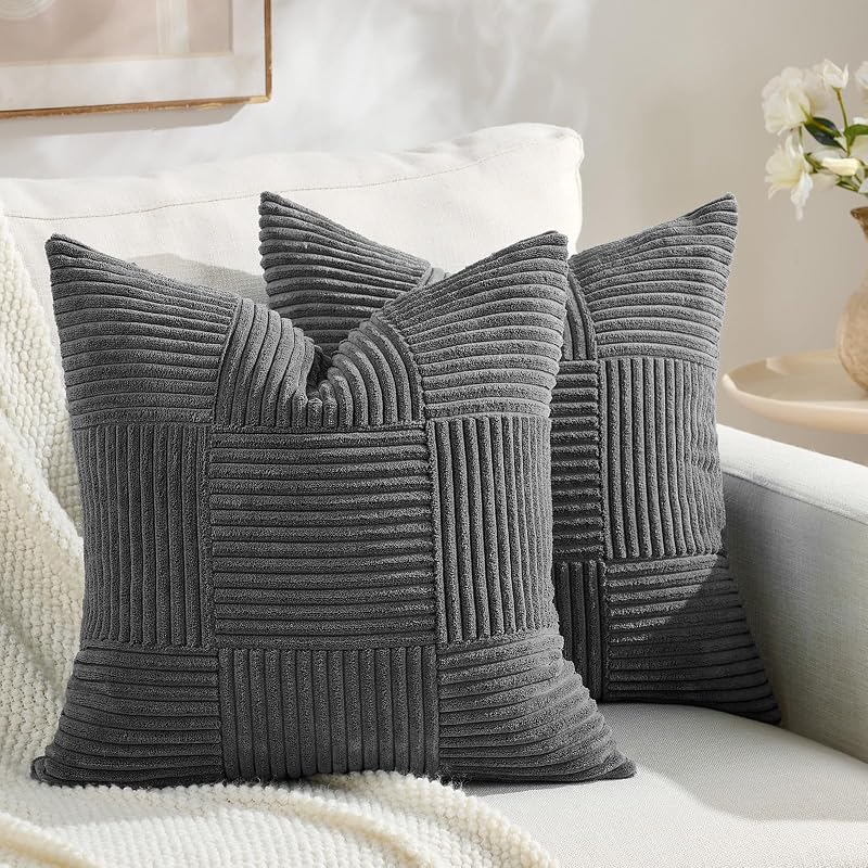 Fancy Homi Set of 2 Dark Gray Boho Decorative Throw Pillow Covers 18x18 Inch for Living Room Bedroom Couch Bed Sofa, Modern Farmhouse Home Decor, Soft Striped Plaid Corduroy Accent Cushion Case - image 1 of 4