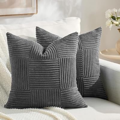 Fancy Homi Set of 2 Dark Gray Boho Decorative Throw Pillow Covers 18x18 Inch for Living Room Bedroom Couch Bed Sofa, Modern Farmhouse Home Decor, Soft Striped Plaid Corduroy Accent Cushion Case - image 2 of 4