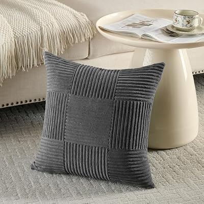 Fancy Homi Set of 2 Dark Gray Boho Decorative Throw Pillow Covers 18x18 Inch for Living Room Bedroom Couch Bed Sofa, Modern Farmhouse Home Decor, Soft Striped Plaid Corduroy Accent Cushion Case - image 3 of 4