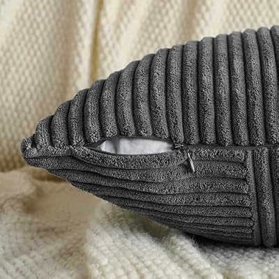 Fancy Homi Set of 2 Dark Gray Boho Decorative Throw Pillow Covers 18x18 Inch for Living Room Bedroom Couch Bed Sofa, Modern Farmhouse Home Decor, Soft Striped Plaid Corduroy Accent Cushion Case - image 4 of 4